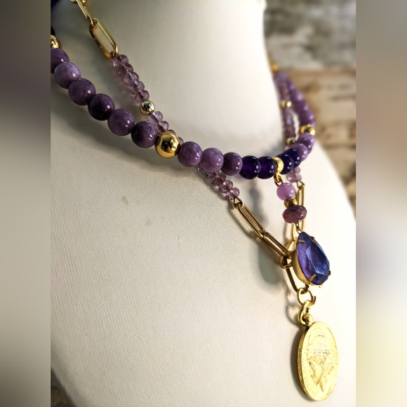 Natural Purple Jade & Amethyst Two Strand Bead In Paperclip Chain Necklace - Picture 3 of 10